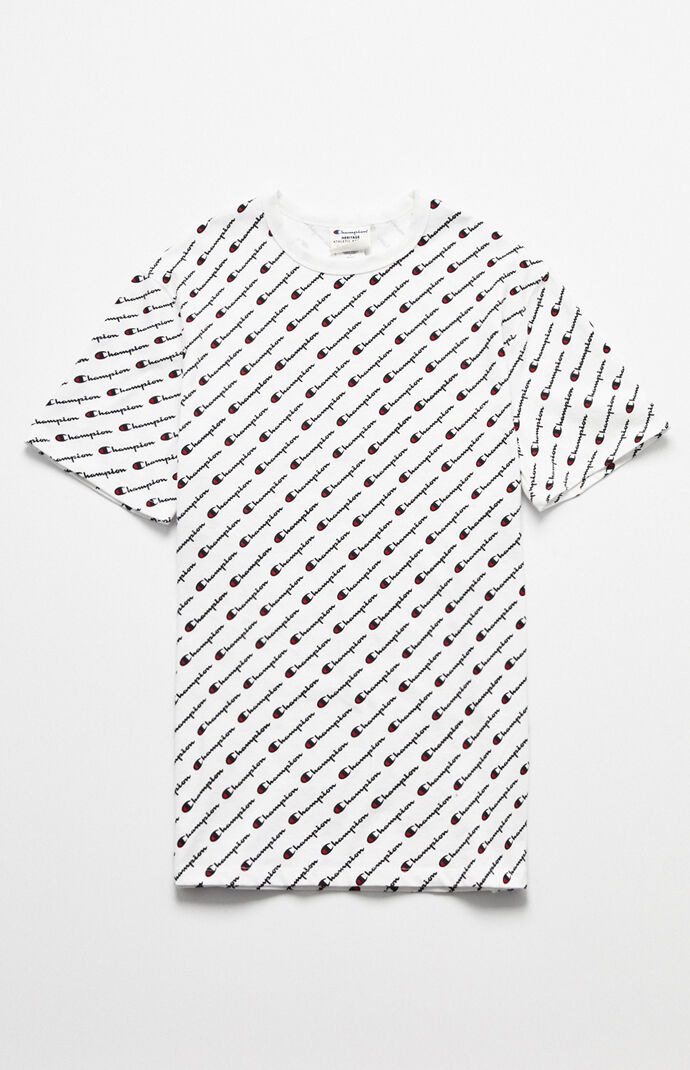 white champion shirt with logo all over