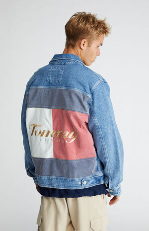 Tommy Jeans flag print oversized denim trucker jacket in mid wash