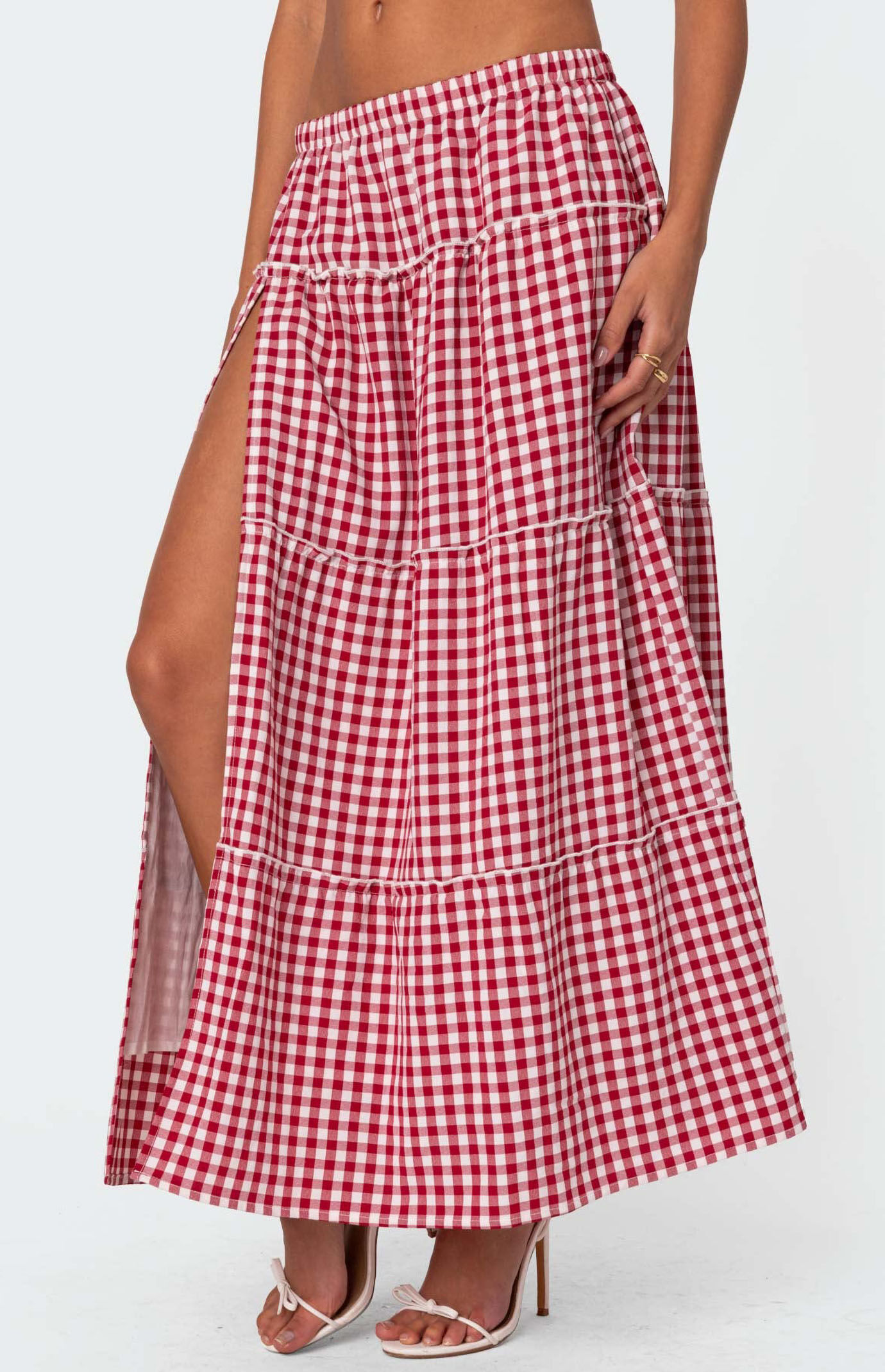 Gingham Side Slit Tiered Maxi Skirt