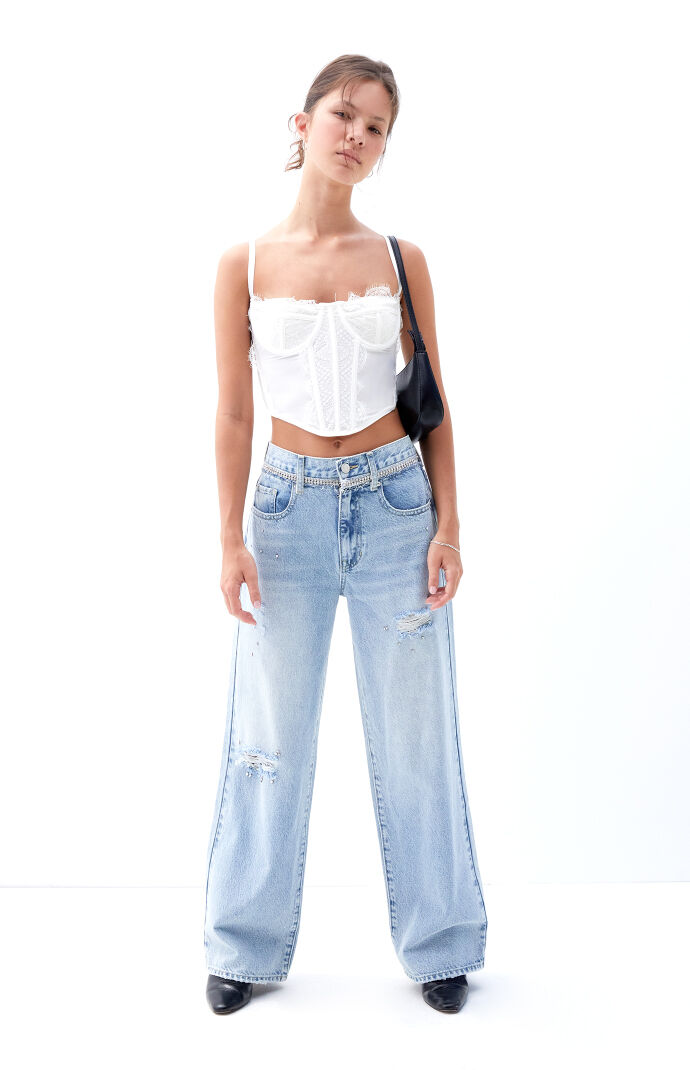 PacSun Cali Light Indigo Rhinestone Ripped Baggy Boyfriend Jeans