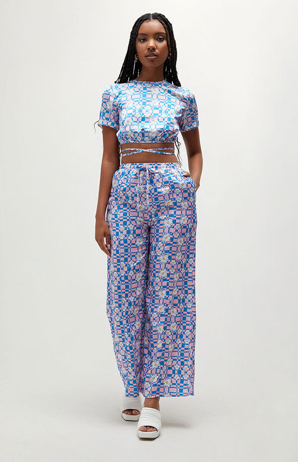 Another Girl Eco Warp Checkerboard Daisy Wide Leg Trousers | PacSun