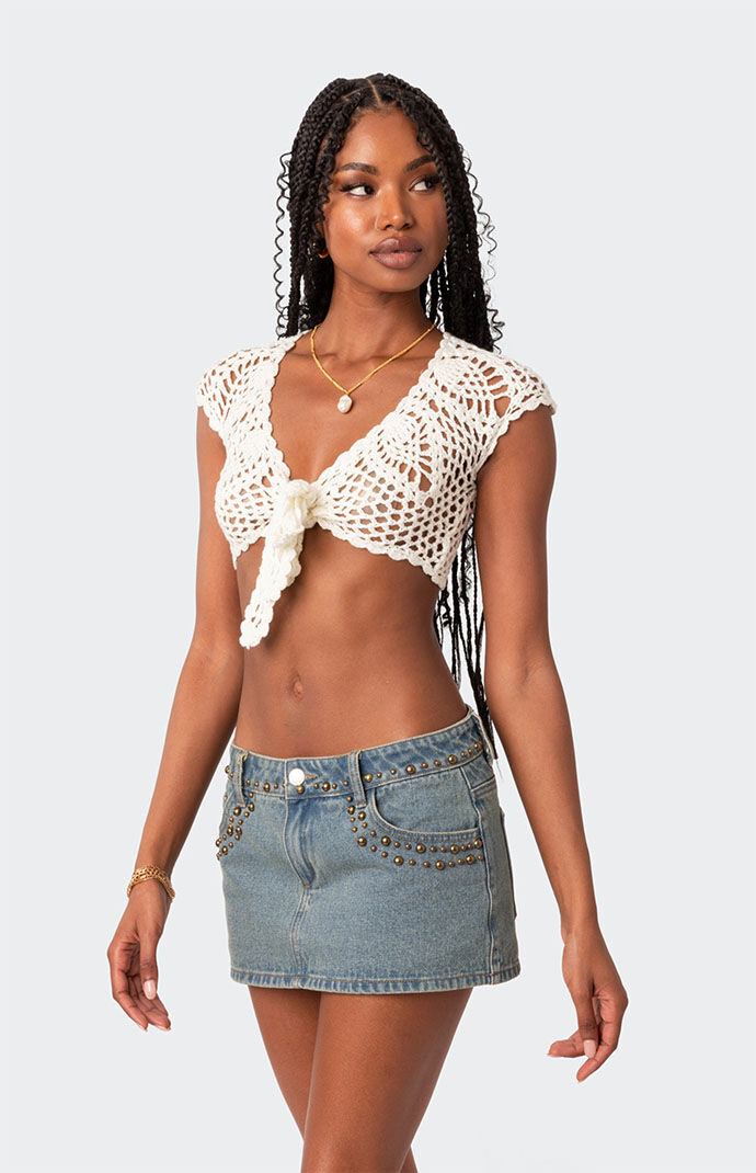 Edikted Rocco Tie Front Crochet Top