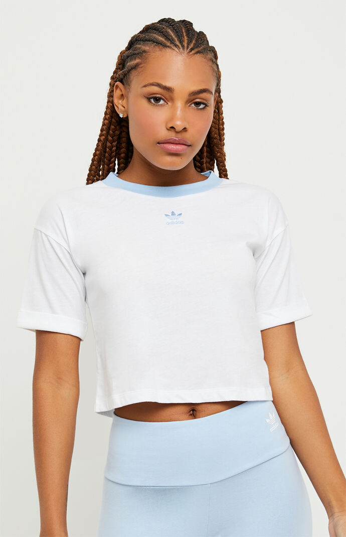 white and blue adidas shirt