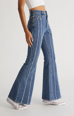 PacSun Eco Medium Blue Frayed Stripe High Waisted Flare Jeans | PacSun