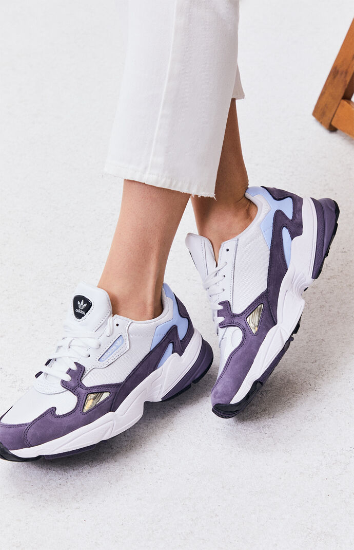 white and purple sneakers