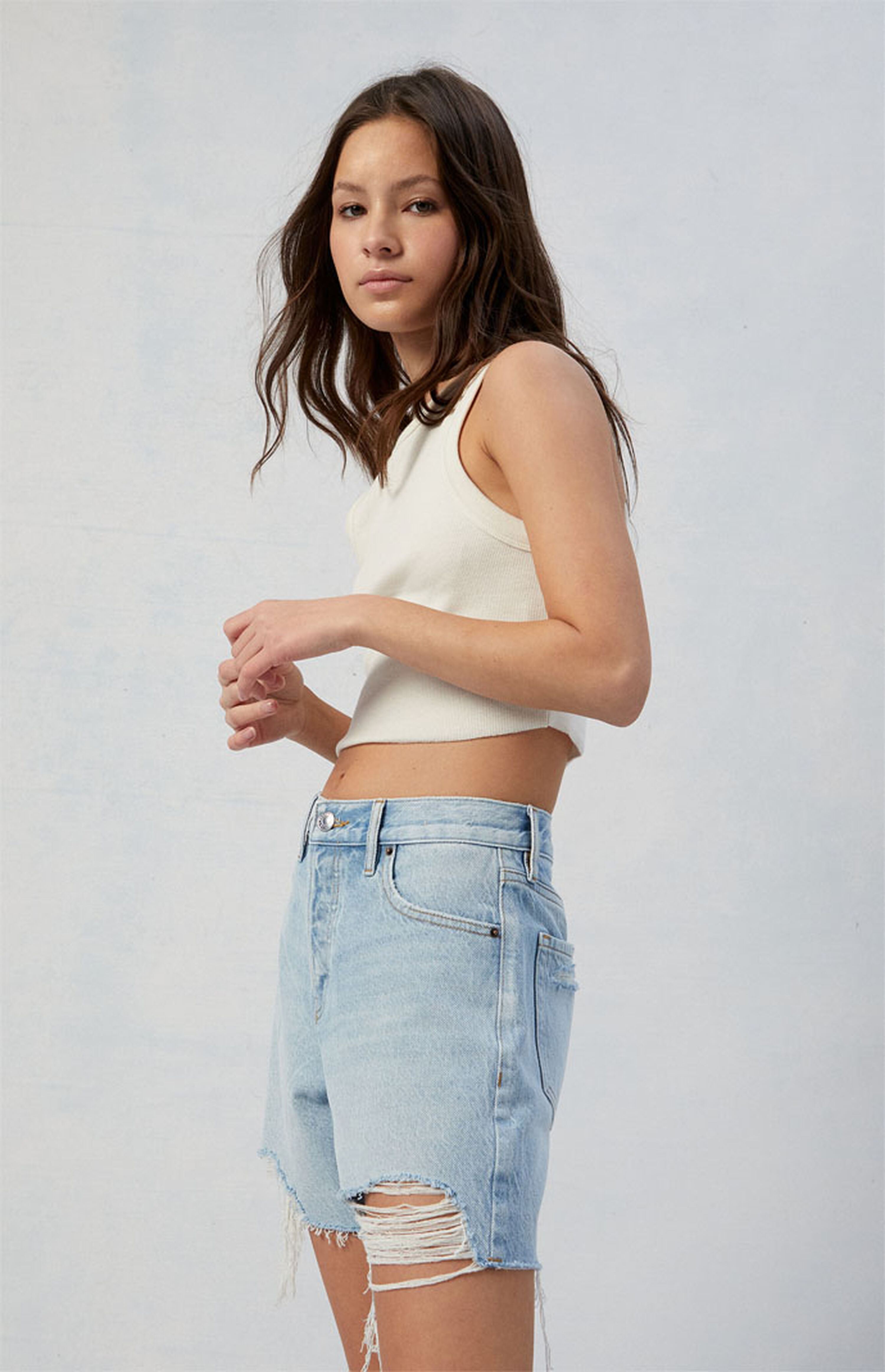 PacSun Eco Light Indigo Ripped High Waisted Relaxed Jorts | PacSun