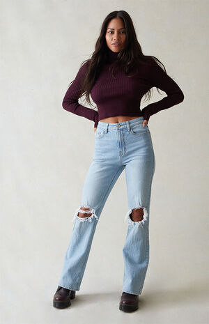 PacSun Eco Light Blue Ripped Curve High Waisted Bootcut Jeans | PacSun