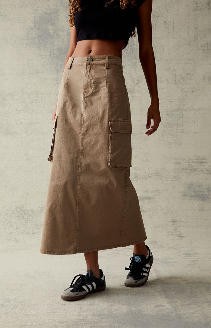 PacSun Mocha Stretch High Waisted Cargo Midi Skirt | PacSun