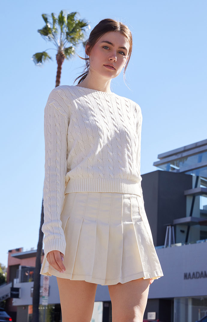 John Galt White Cropped Cable Knit Sweater | PacSun