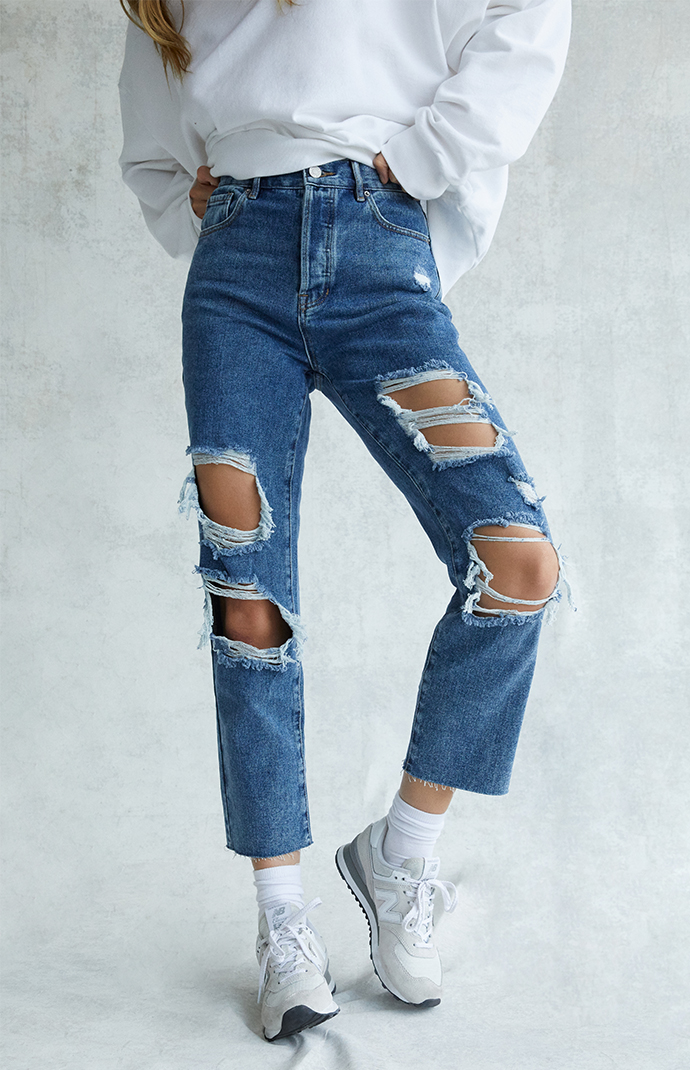 PacSun Medium Blue Distressed High Waisted Straight Leg Jeans | PacSun