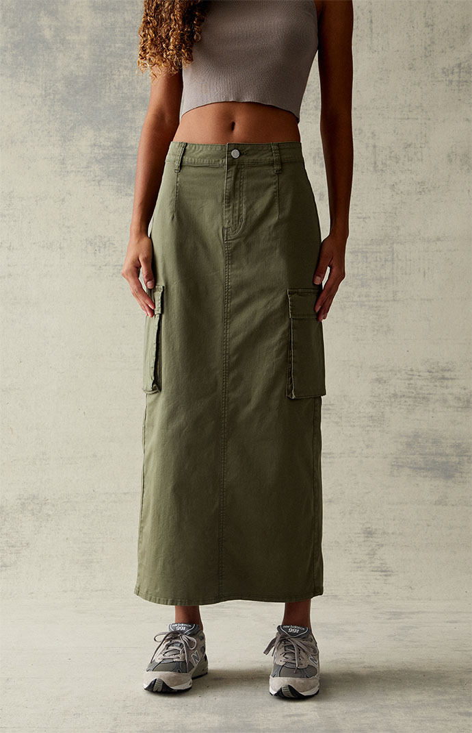 PacSun Olive Stretch High-Waisted Cargo Midi Skirt | PacSun