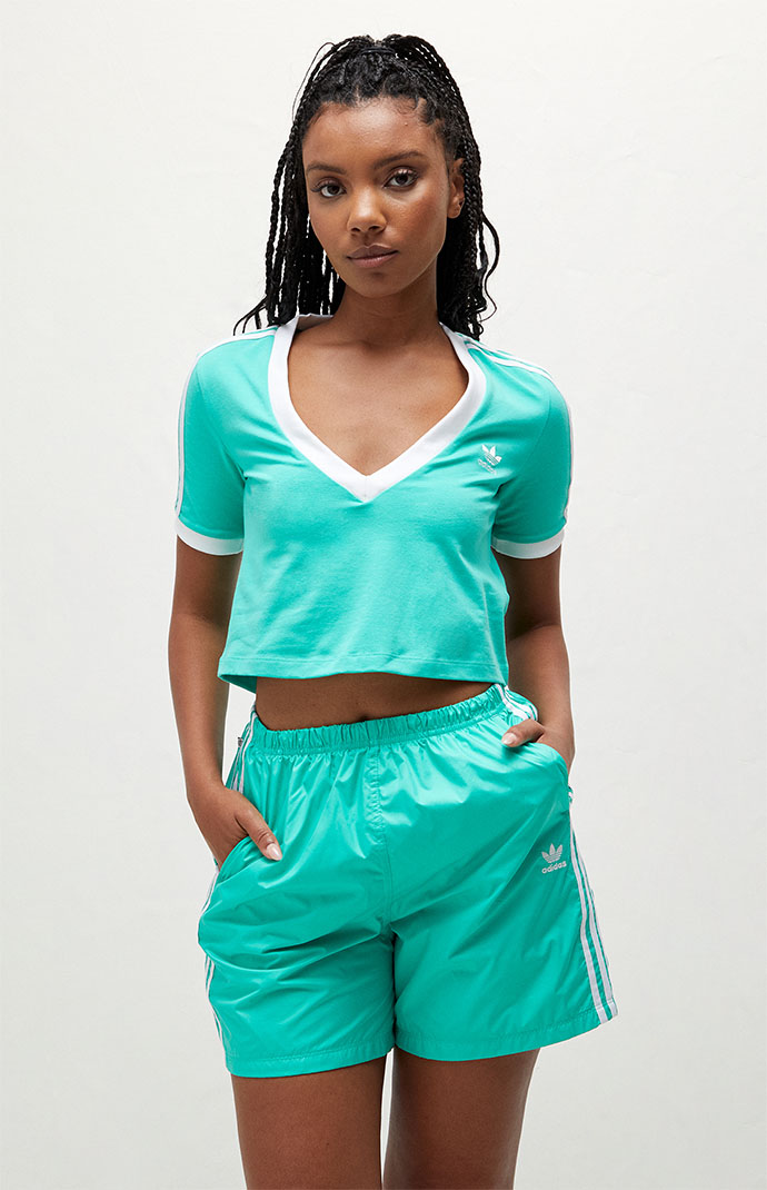 adidas Green 3 Stripe Cropped V-Neck T-Shirt | PacSun